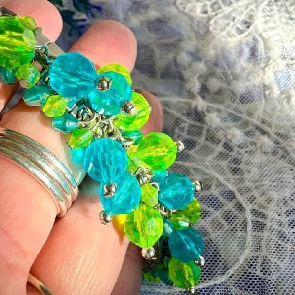 Vintage Green & Blue Acrylic Bead Watchband Chacha Bangle - Picture 2 of 8